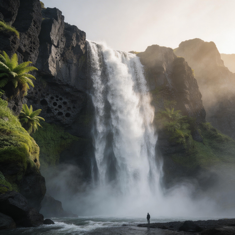 瀑布之下 一人独观壮景图片
