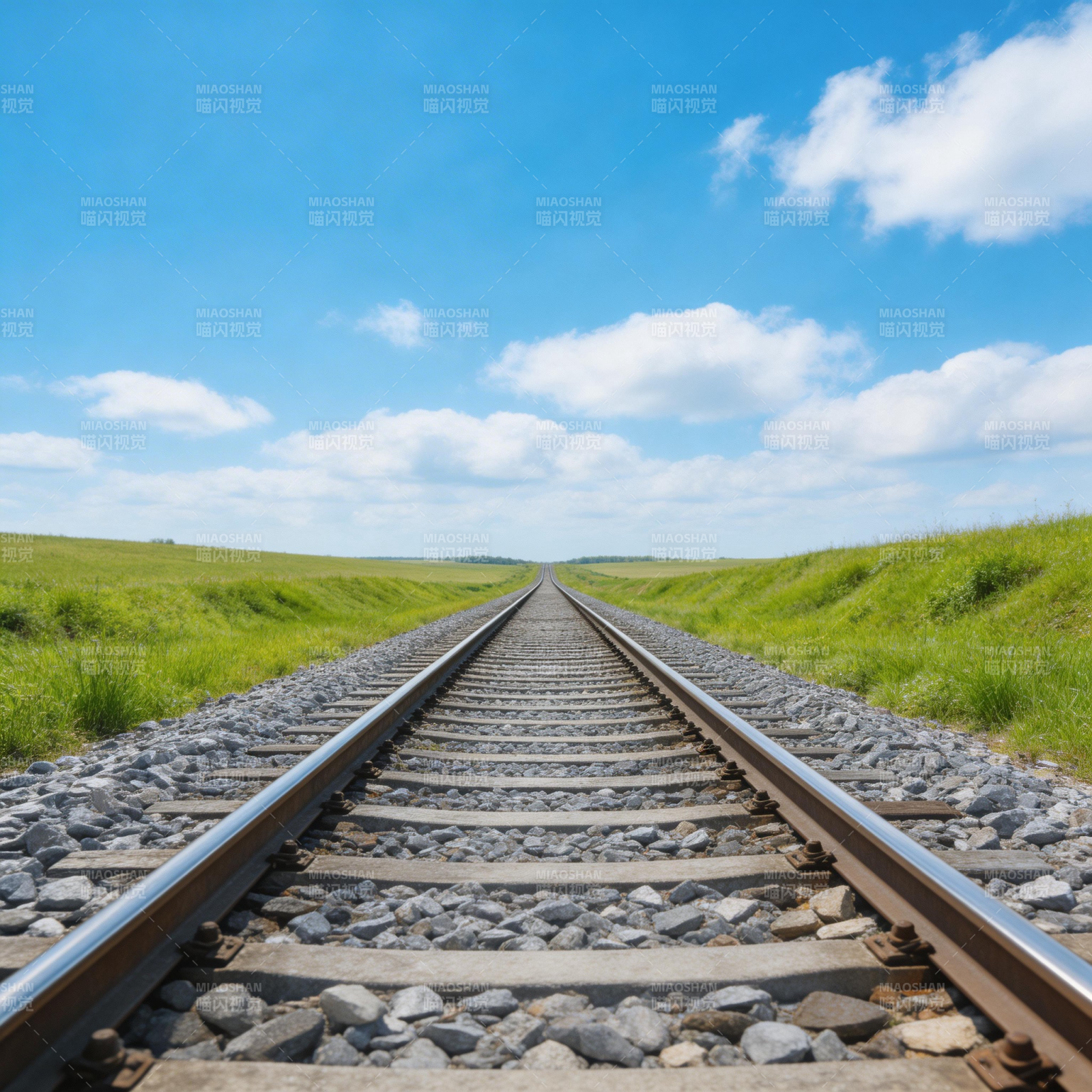 铁轨延伸向蓝天绿地图片