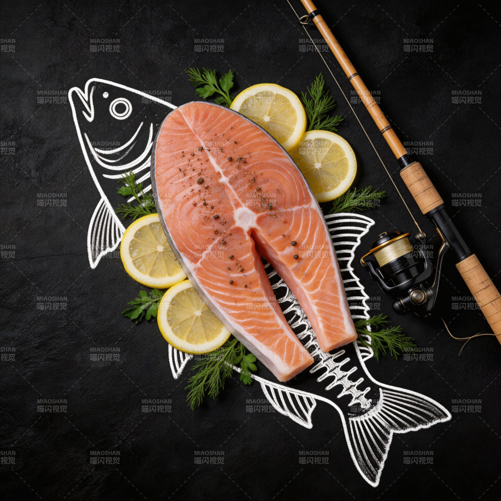 鲜鲑鱼配柠檬香草与钓竿图片