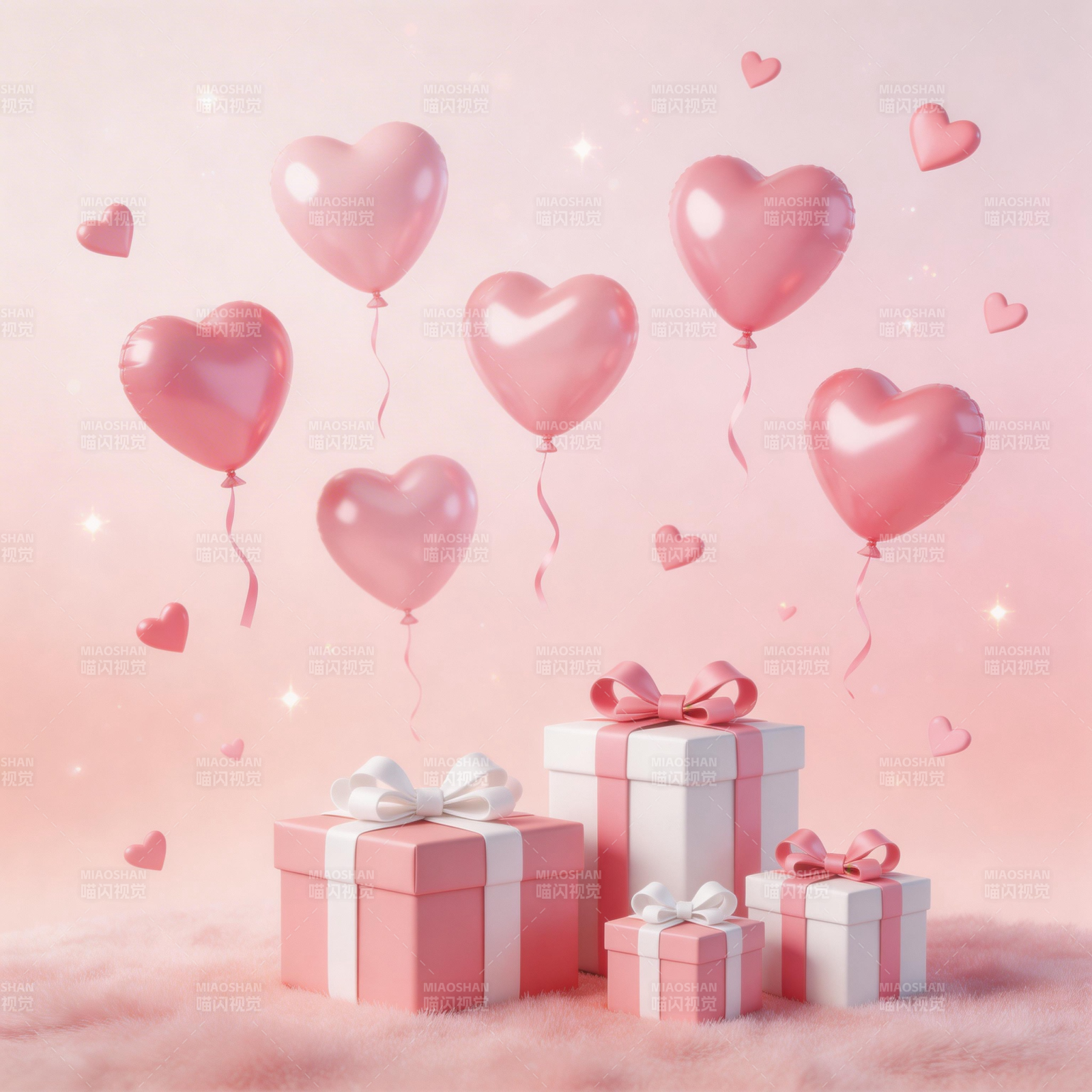 粉色爱心气球与礼盒图片