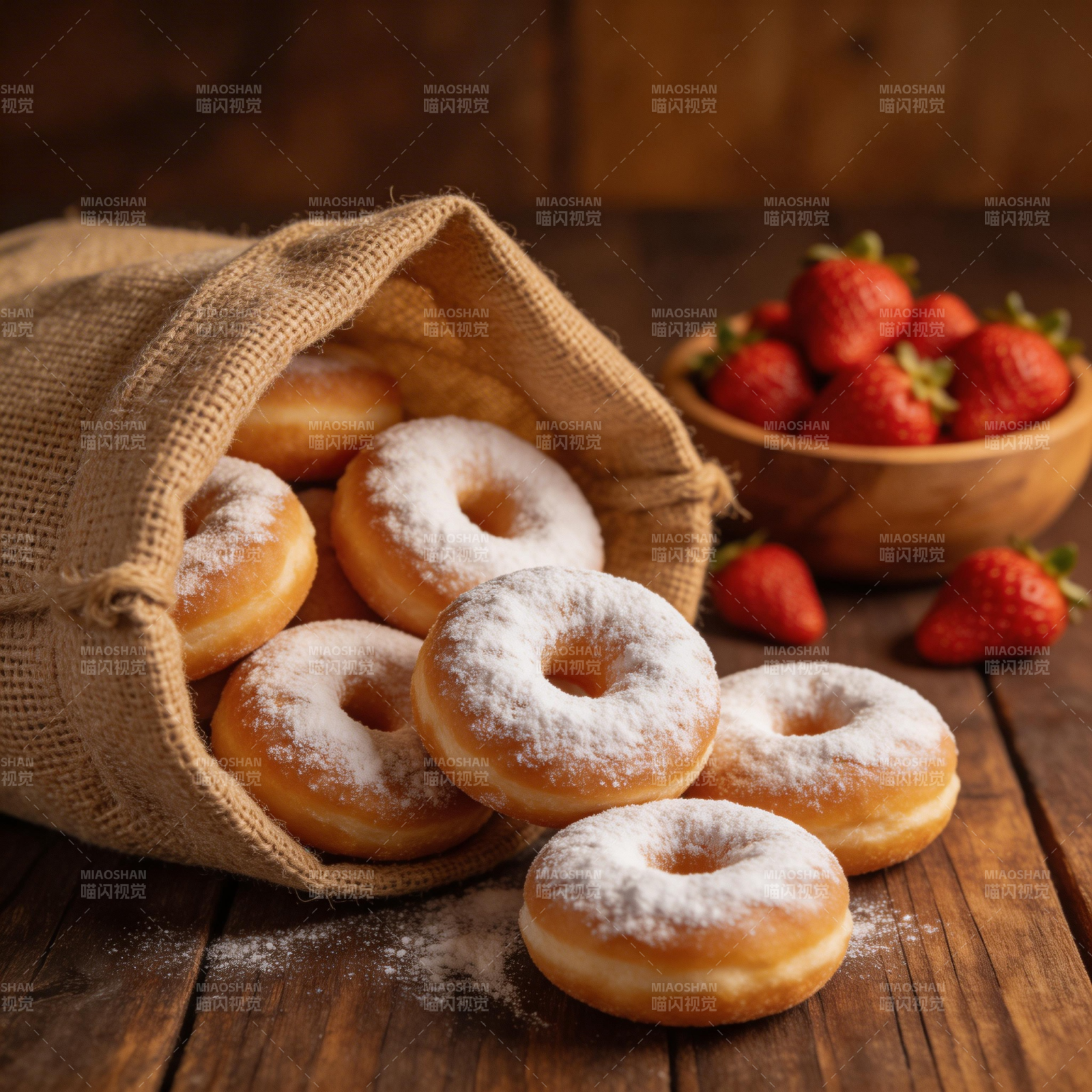 糖粉甜甜圈配草莓图片