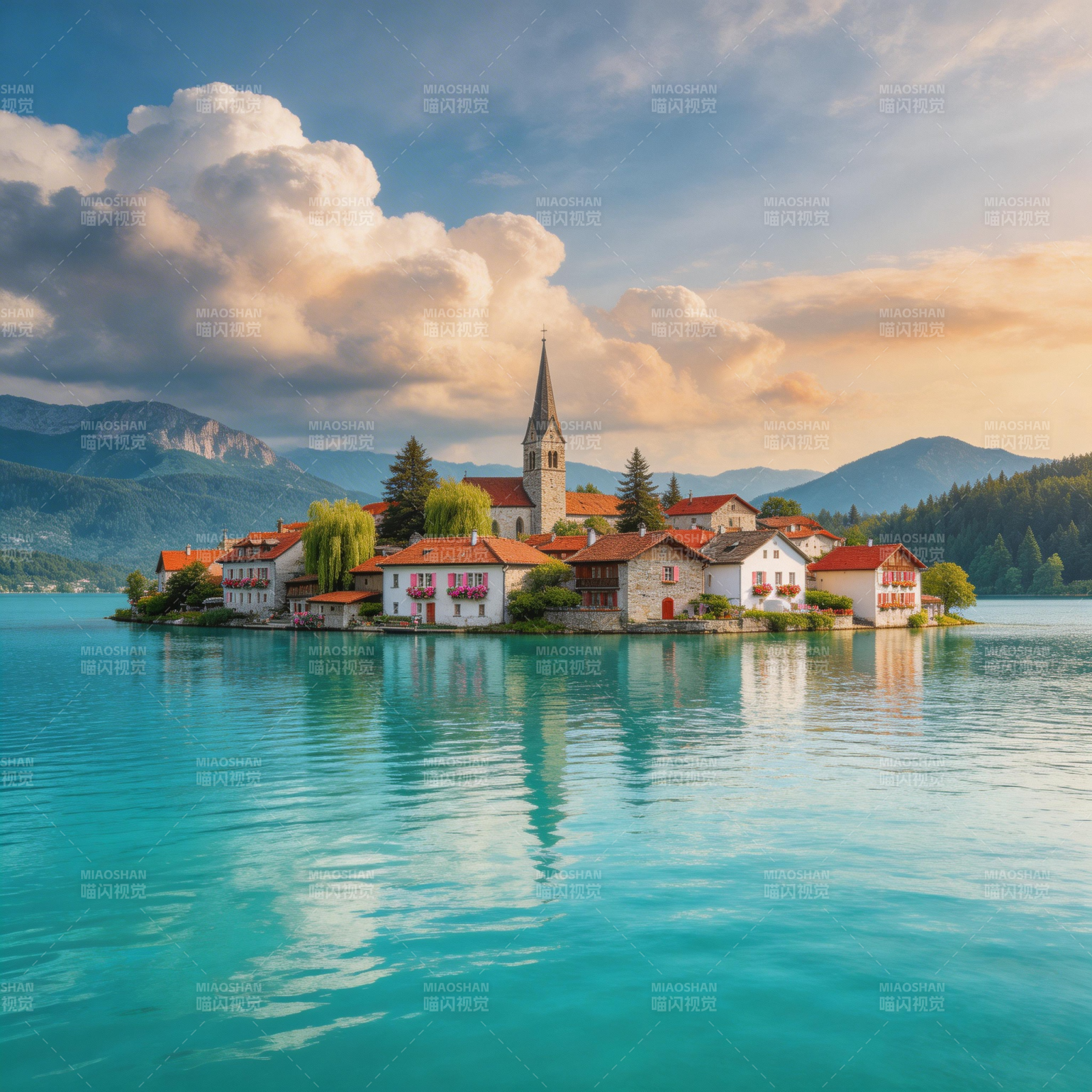 湖心小镇 教堂静立云下图片