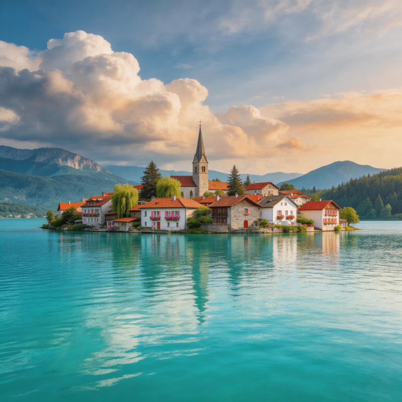 湖心小镇 教堂静立云下图片