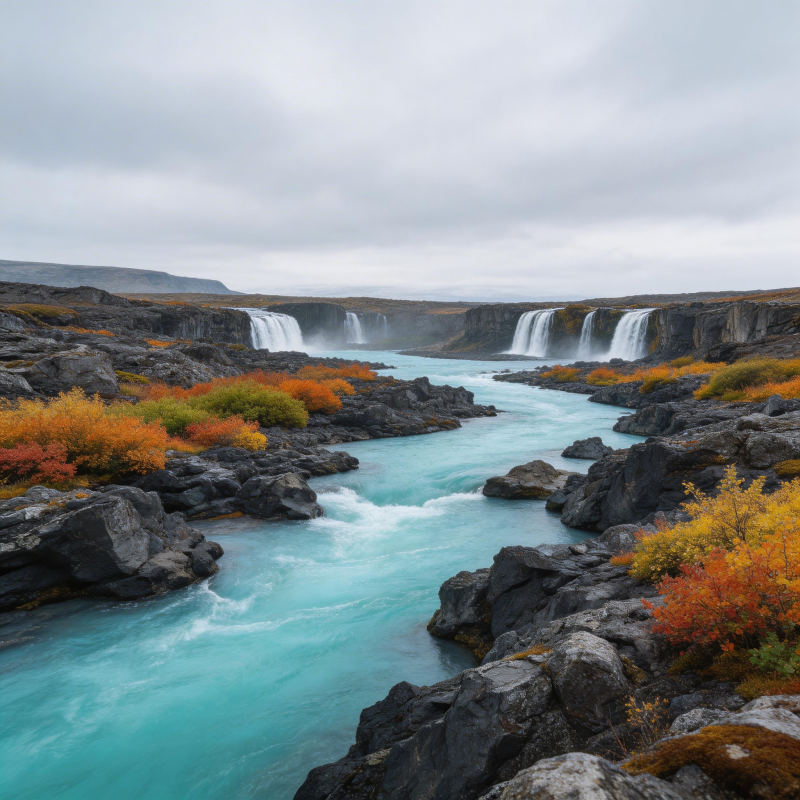 秋染冰河 瀑布飞泻如练图片