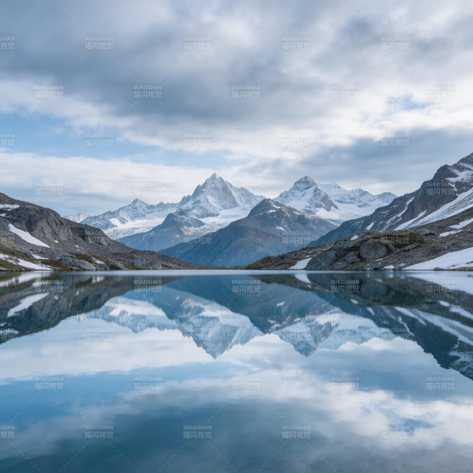 雪山倒映湖中 云影共舞图片