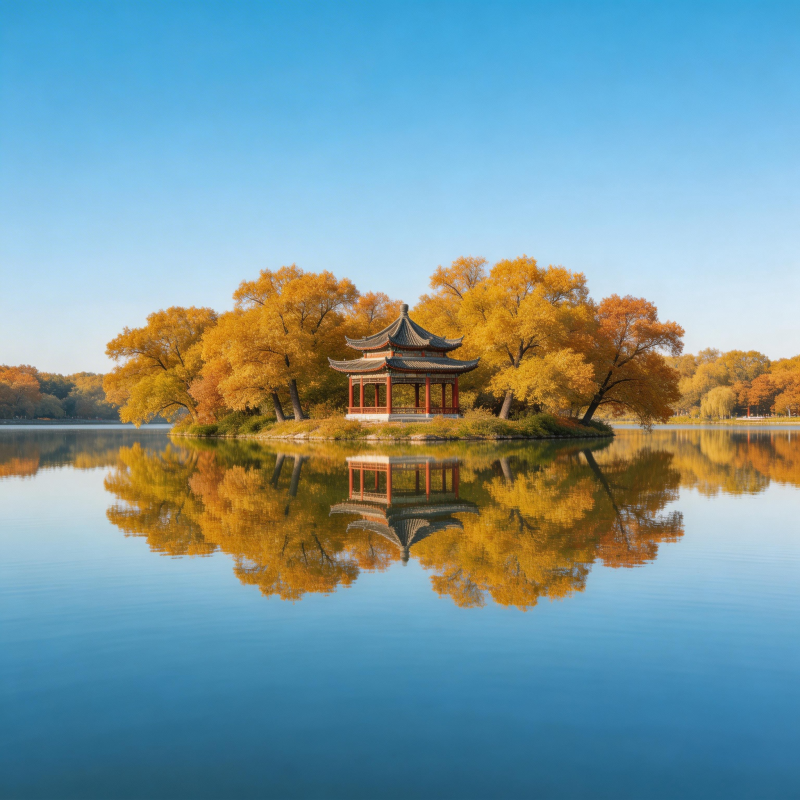 秋湖亭影 金树映水图片