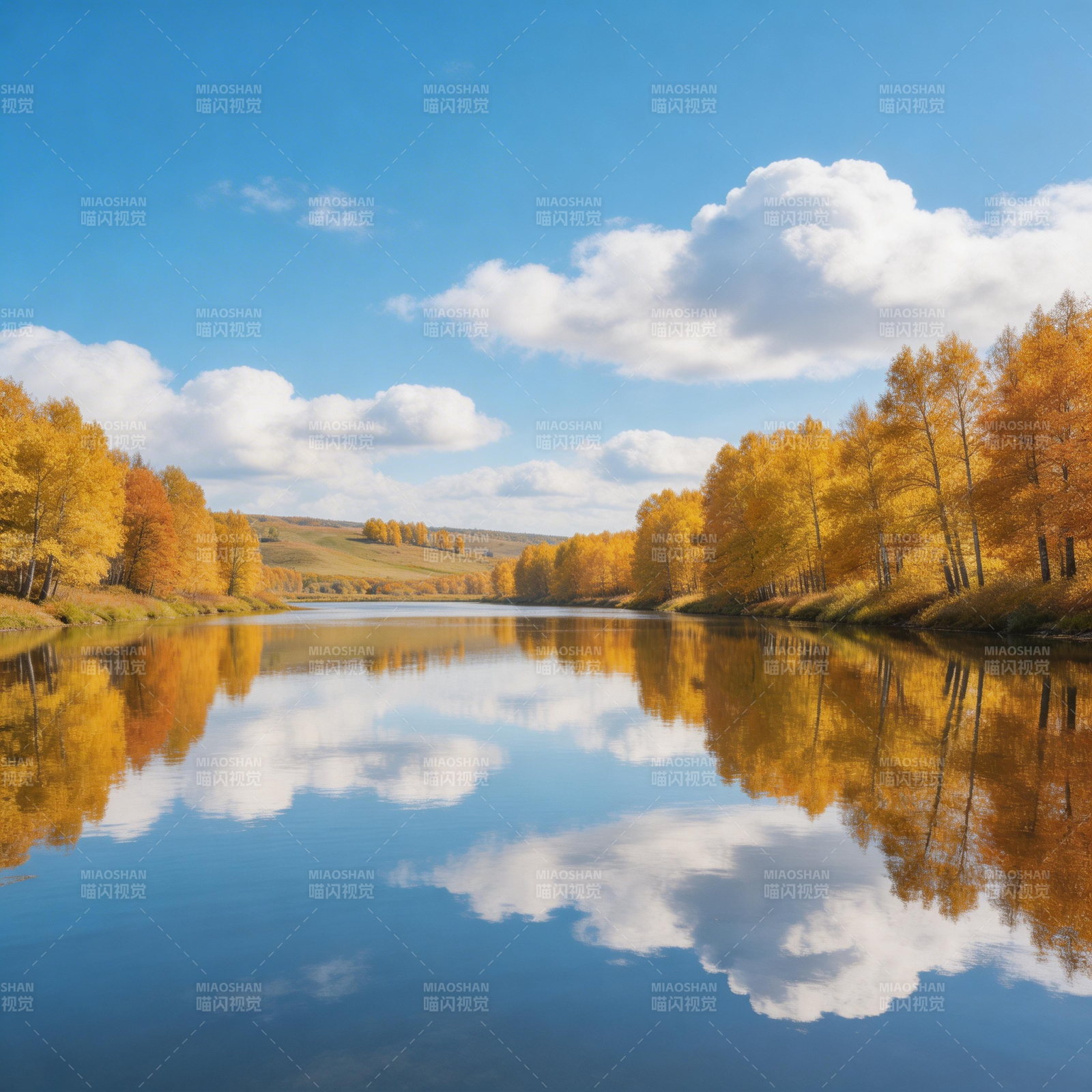 秋湖映金林 云影共天光图片