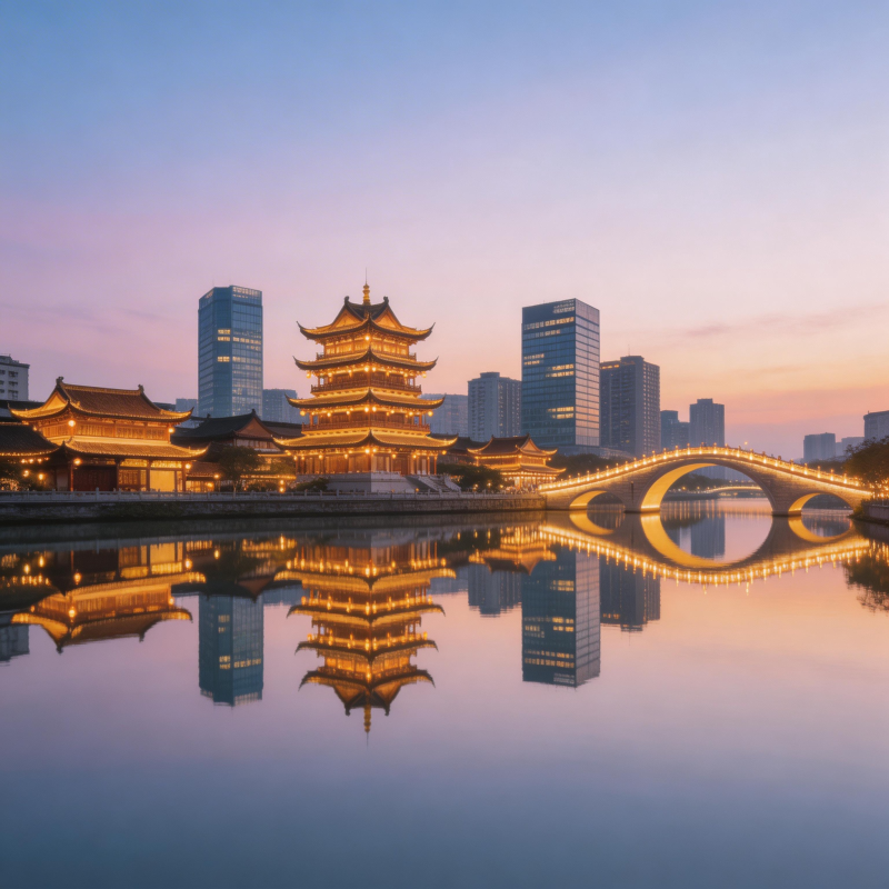 古塔映水 城夜如画图片