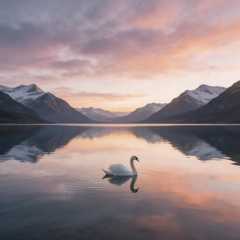 雪山湖影 天鹅独游暮色中图片