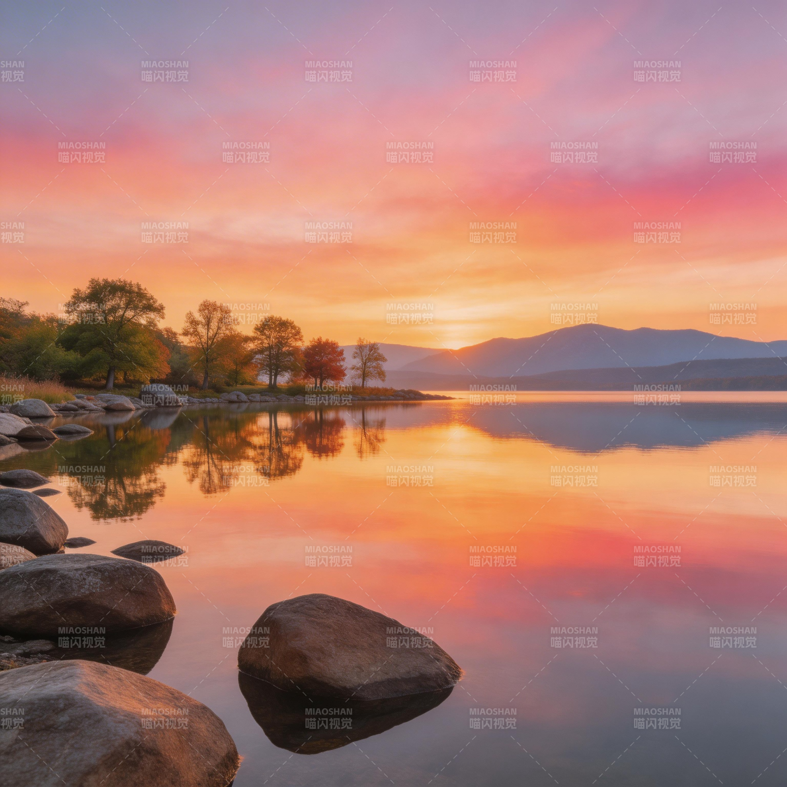 湖光山色映晚霞图片