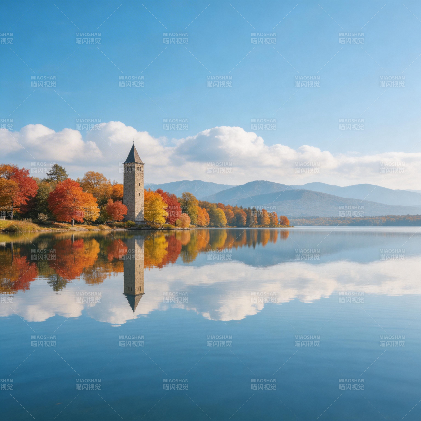 秋湖塔影 水天一色图片