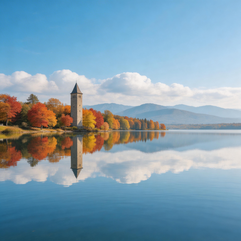 秋湖塔影 水天一色图片