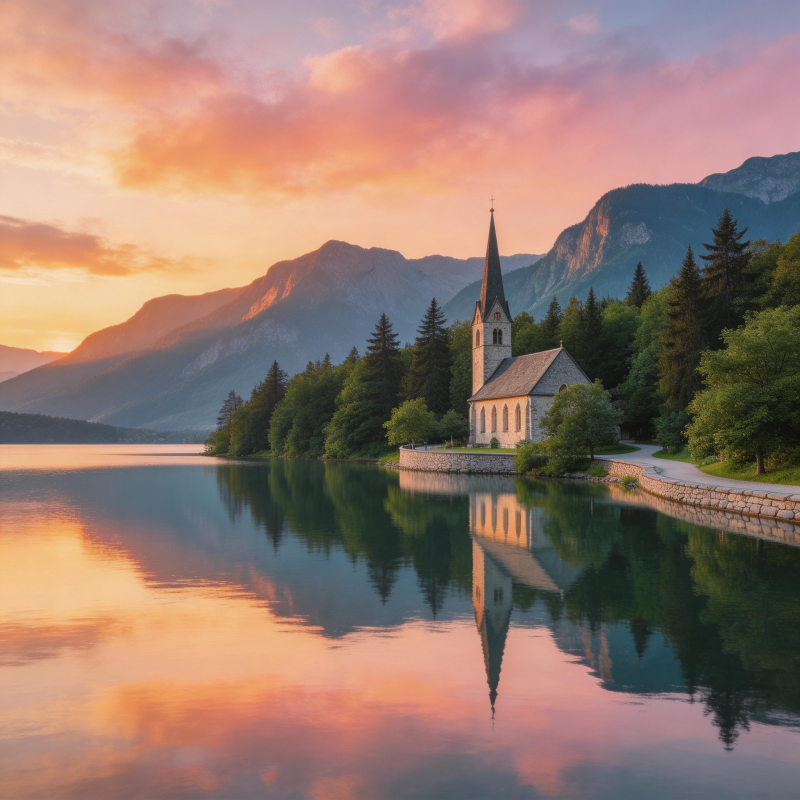 湖光山色映教堂图片