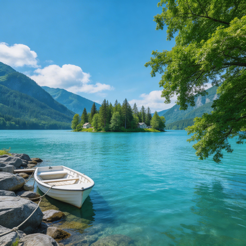 湖光山色 小舟静泊岸边图片