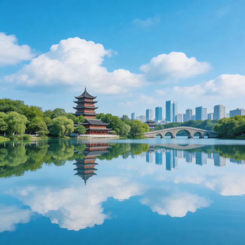 湖光塔影映城郭图片