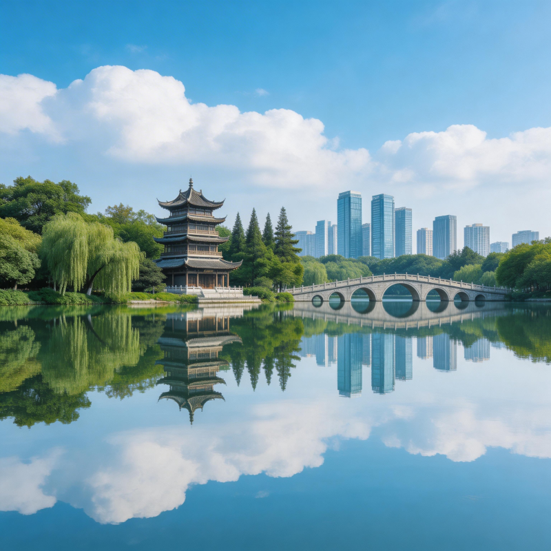 古塔映湖 城景交融图片