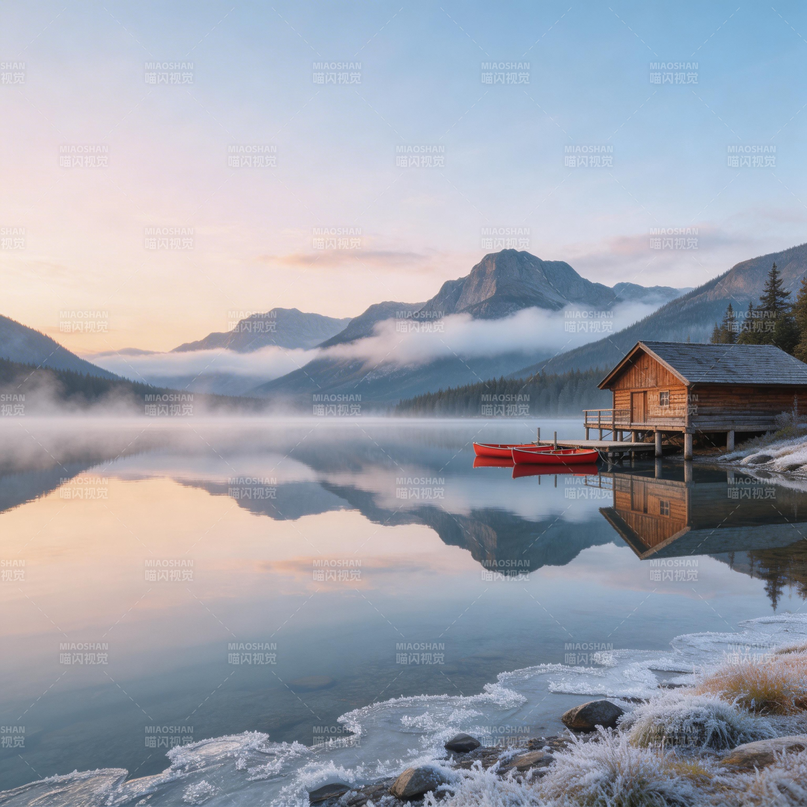 晨雾湖山 木屋红舟静泊图片