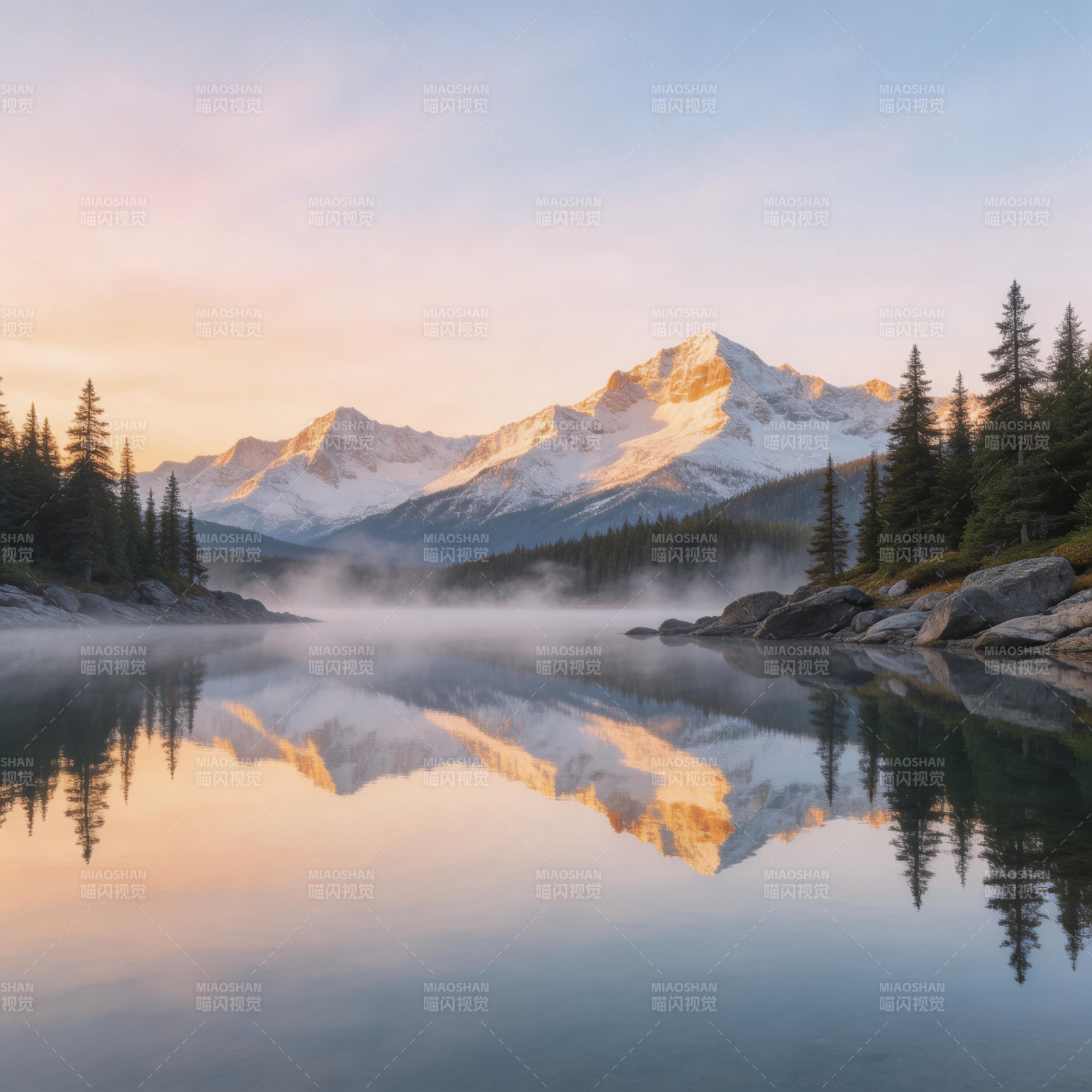 雪山倒影 晨雾如诗图片