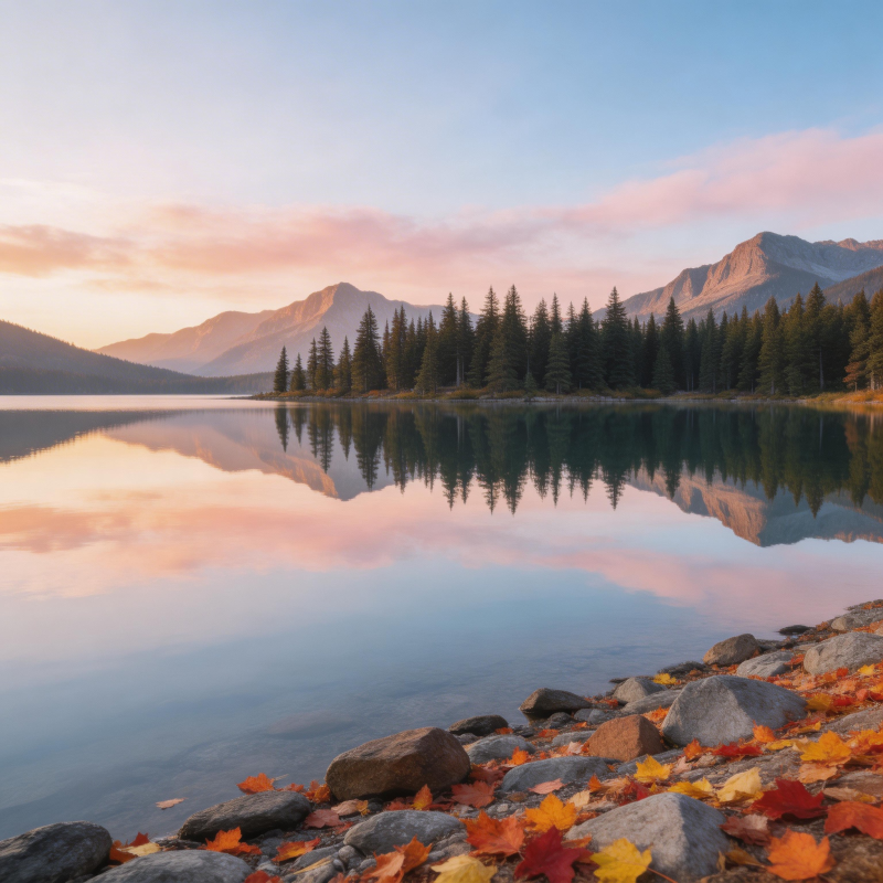 秋湖映山 叶落石岸静图片