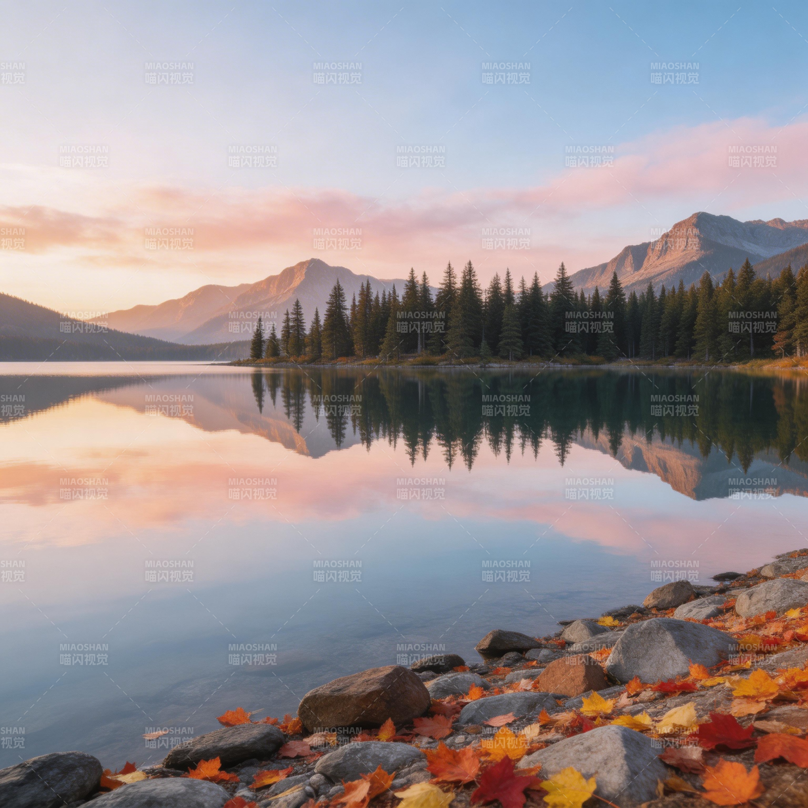 秋湖映山 叶落石岸静图片