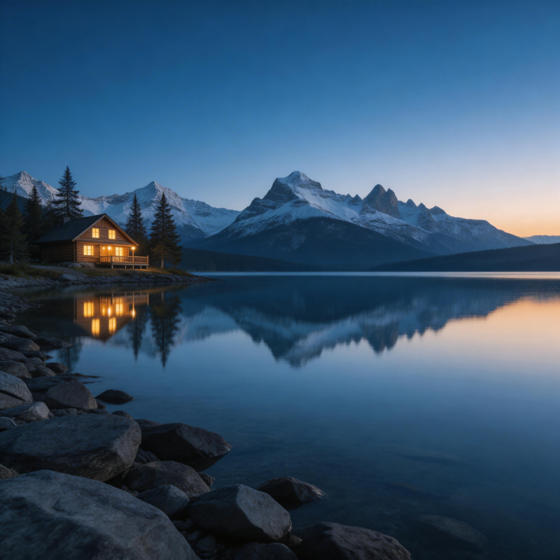 湖光山色 小屋暖灯映雪峰图片