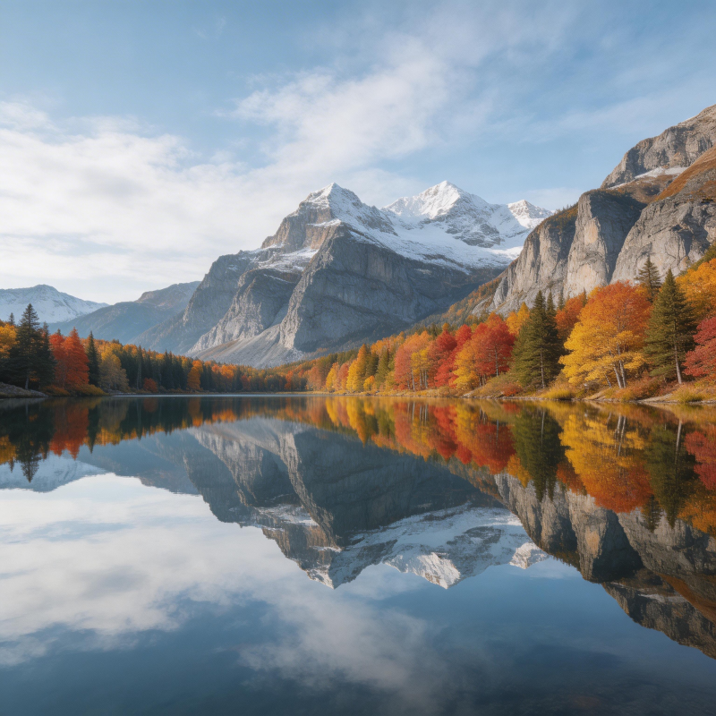 秋湖映雪山 彩林倒影如画图片