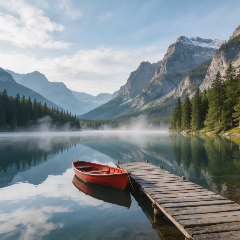 湖光山色 红舟静泊木栈旁图片