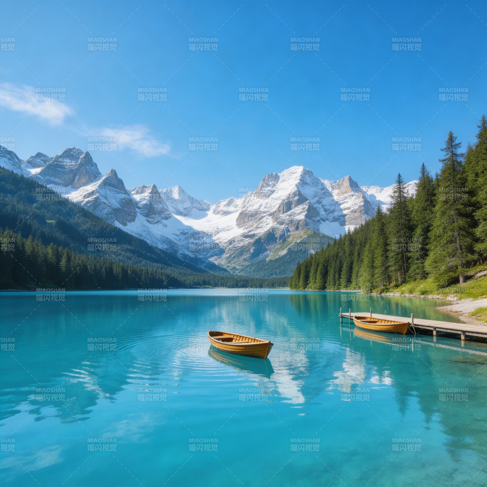 雪山碧湖 小舟静泊图片