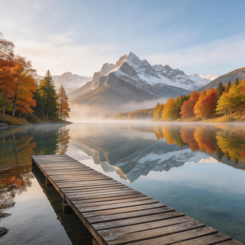 秋湖映雪峰 木栈通幽境图片
