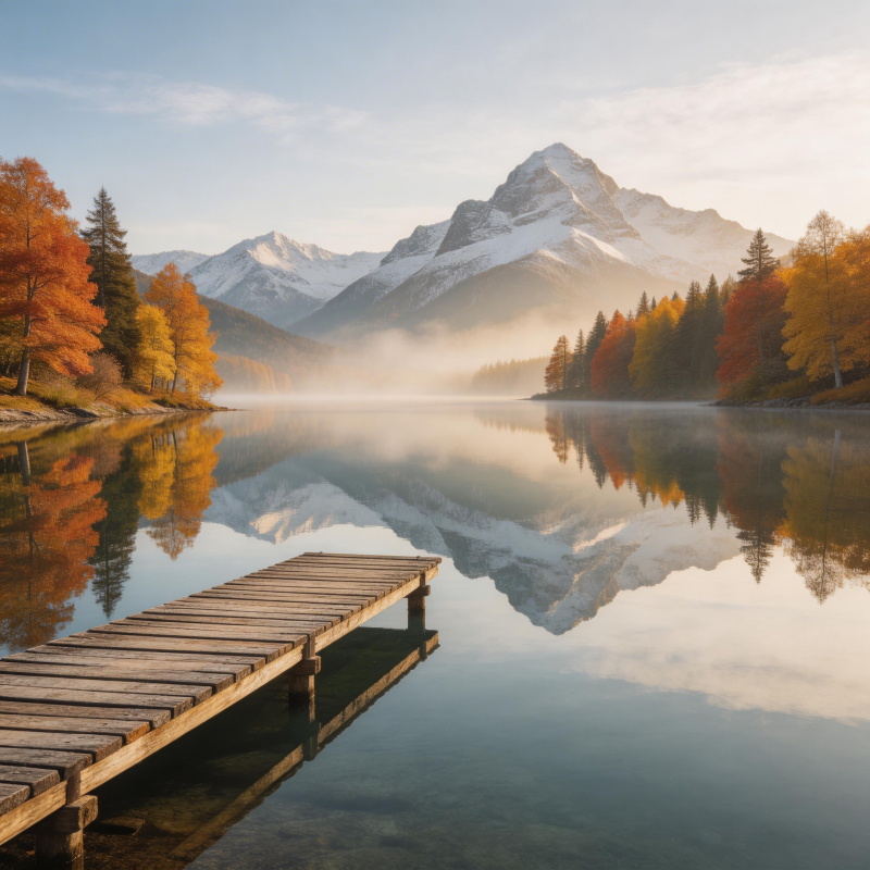秋湖映雪山 木栈静如诗图片