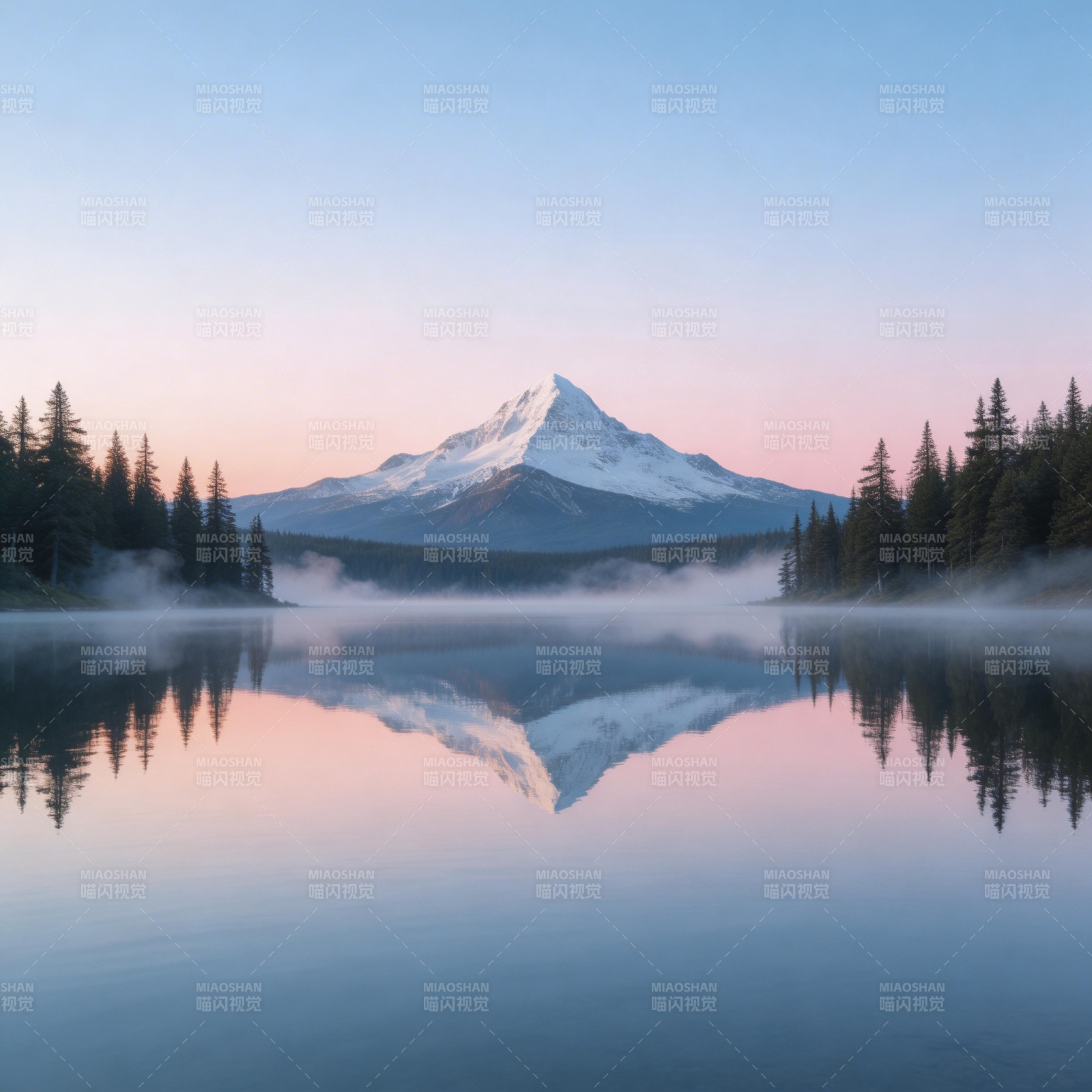 雪山倒影 晨雾静湖图片