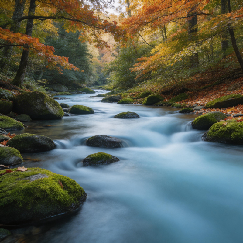 秋溪穿石 彩林映水图片