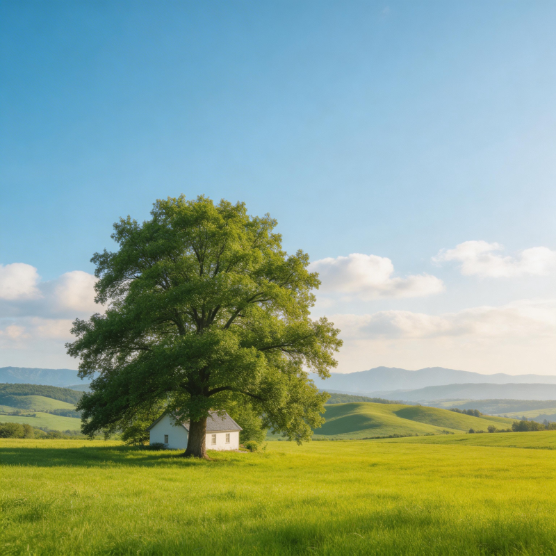 绿野孤树小屋 远山如黛图片