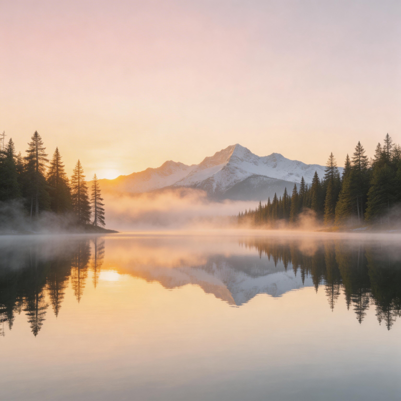 湖光山色晨雾映雪峰图片