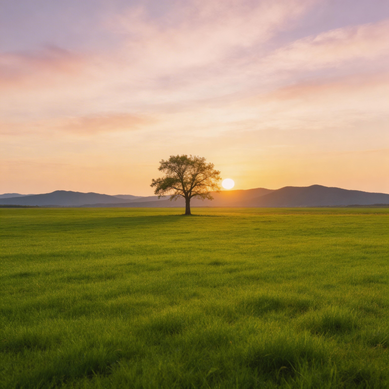 夕阳孤树绿野静美图片