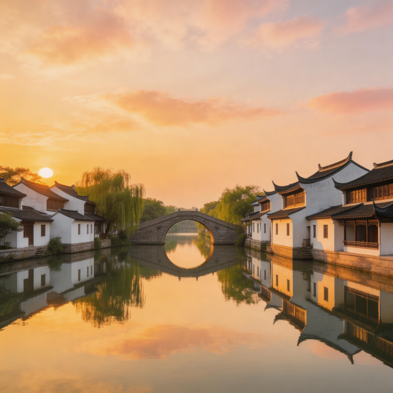 江南水乡 夕阳映古桥图片