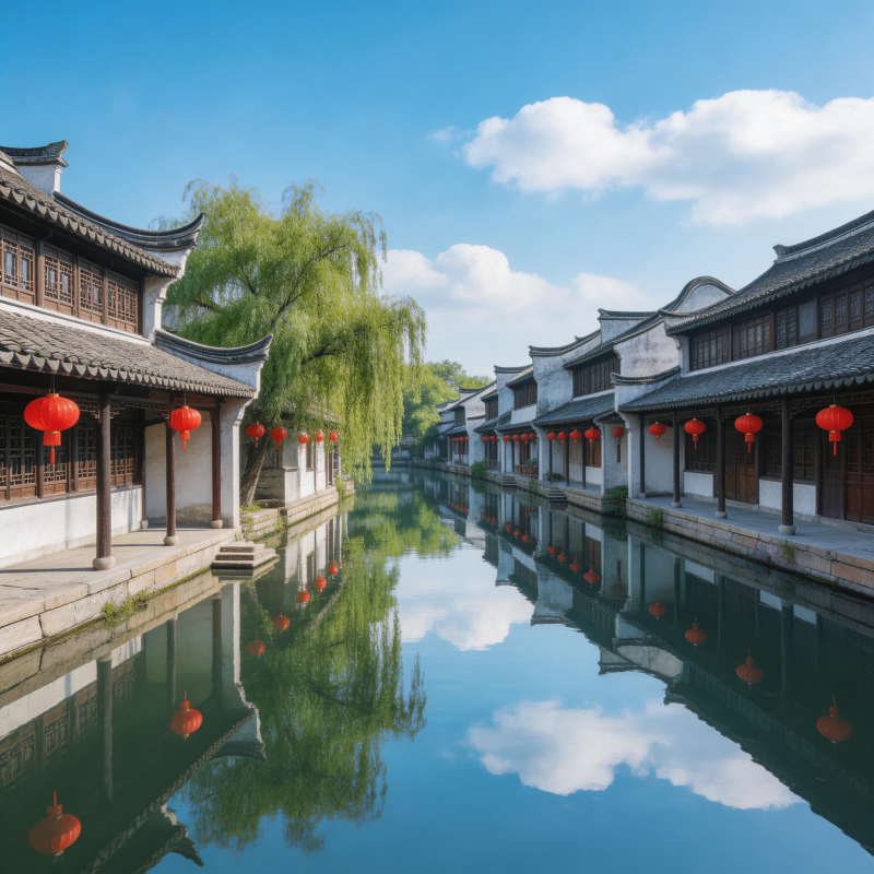 江南水乡 红灯映碧波图片