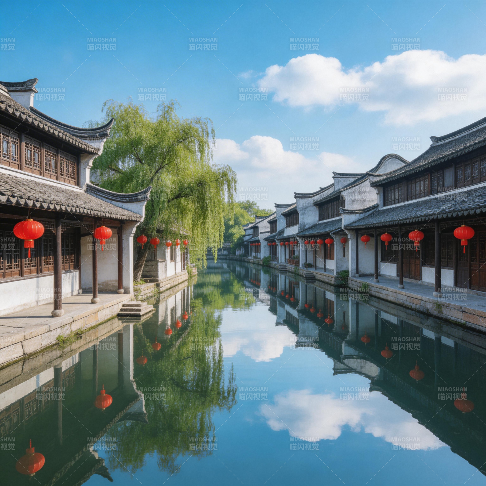 江南水乡 红灯映碧波图片