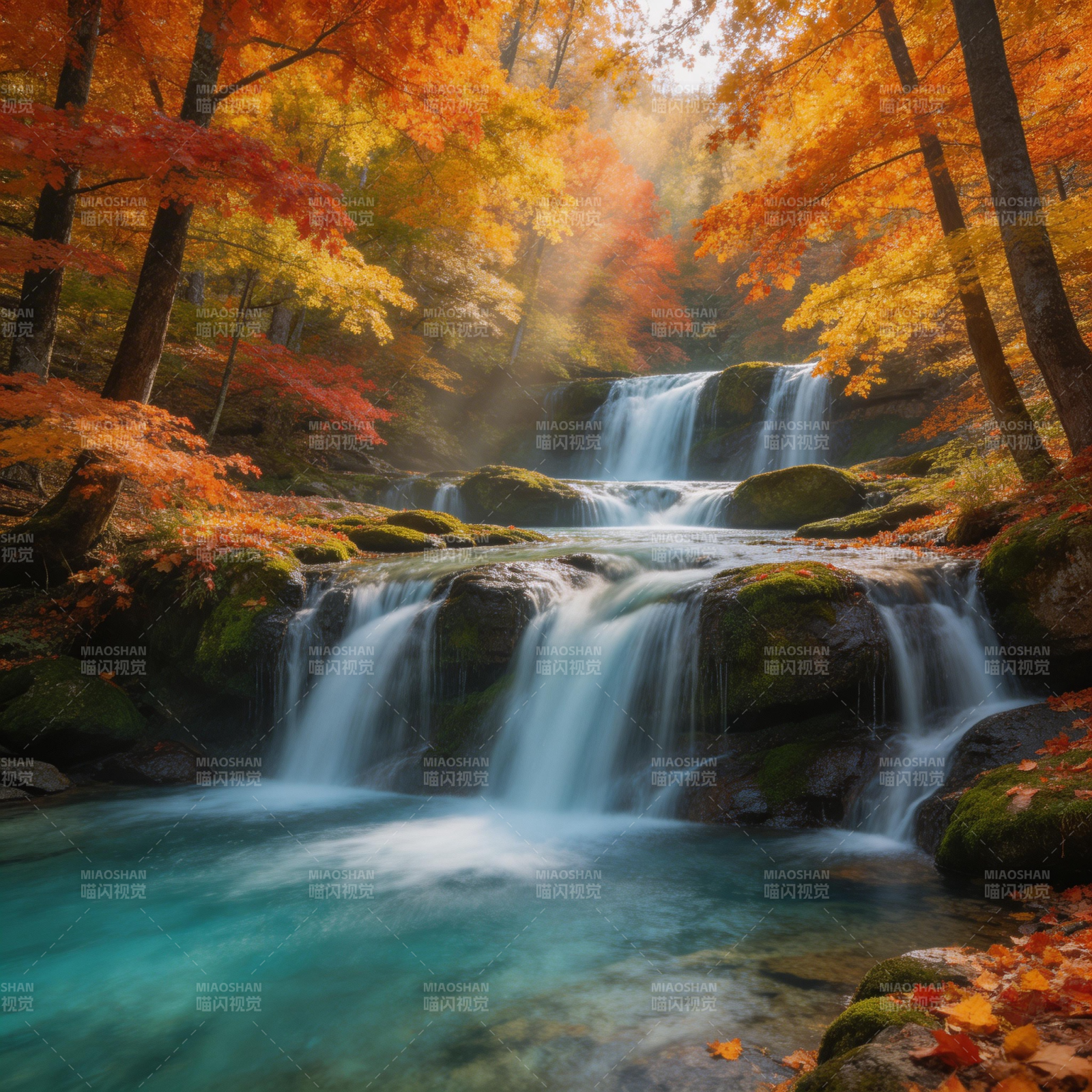 秋林飞瀑 彩叶映清流图片