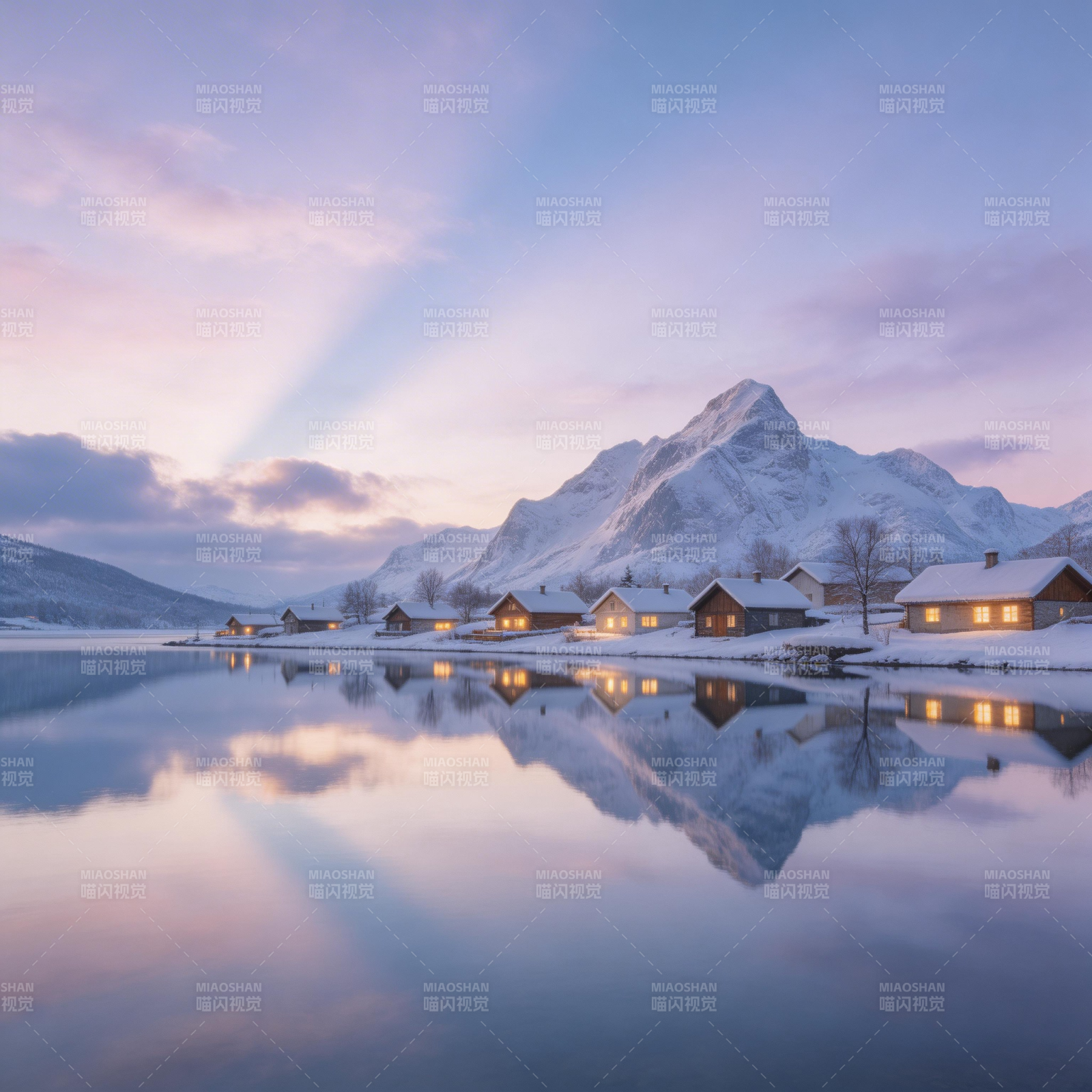 雪夜湖光 山屋映霞图片