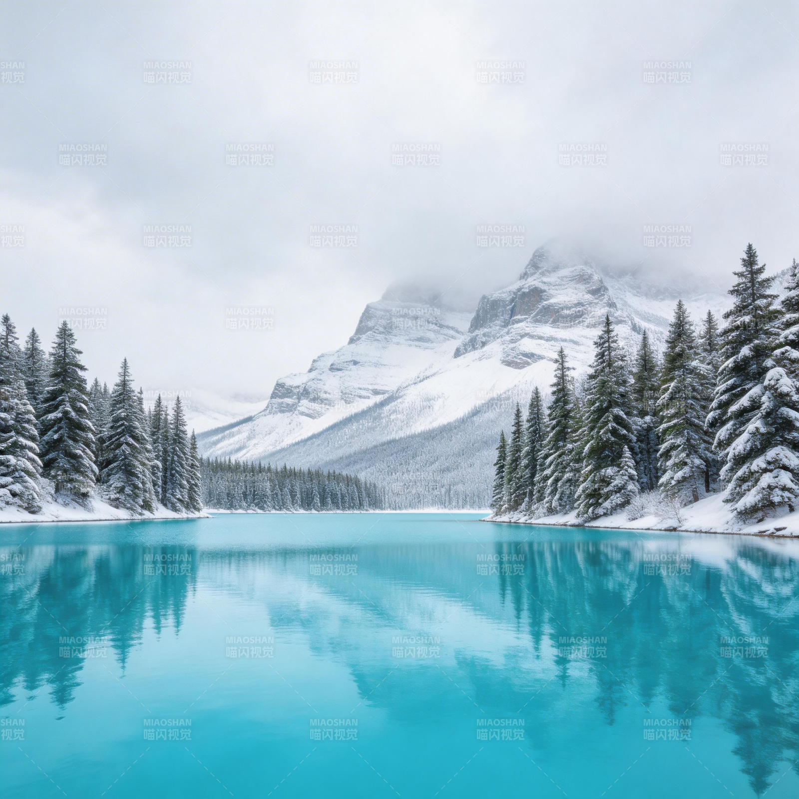 雪覆青山 碧湖映松林图片
