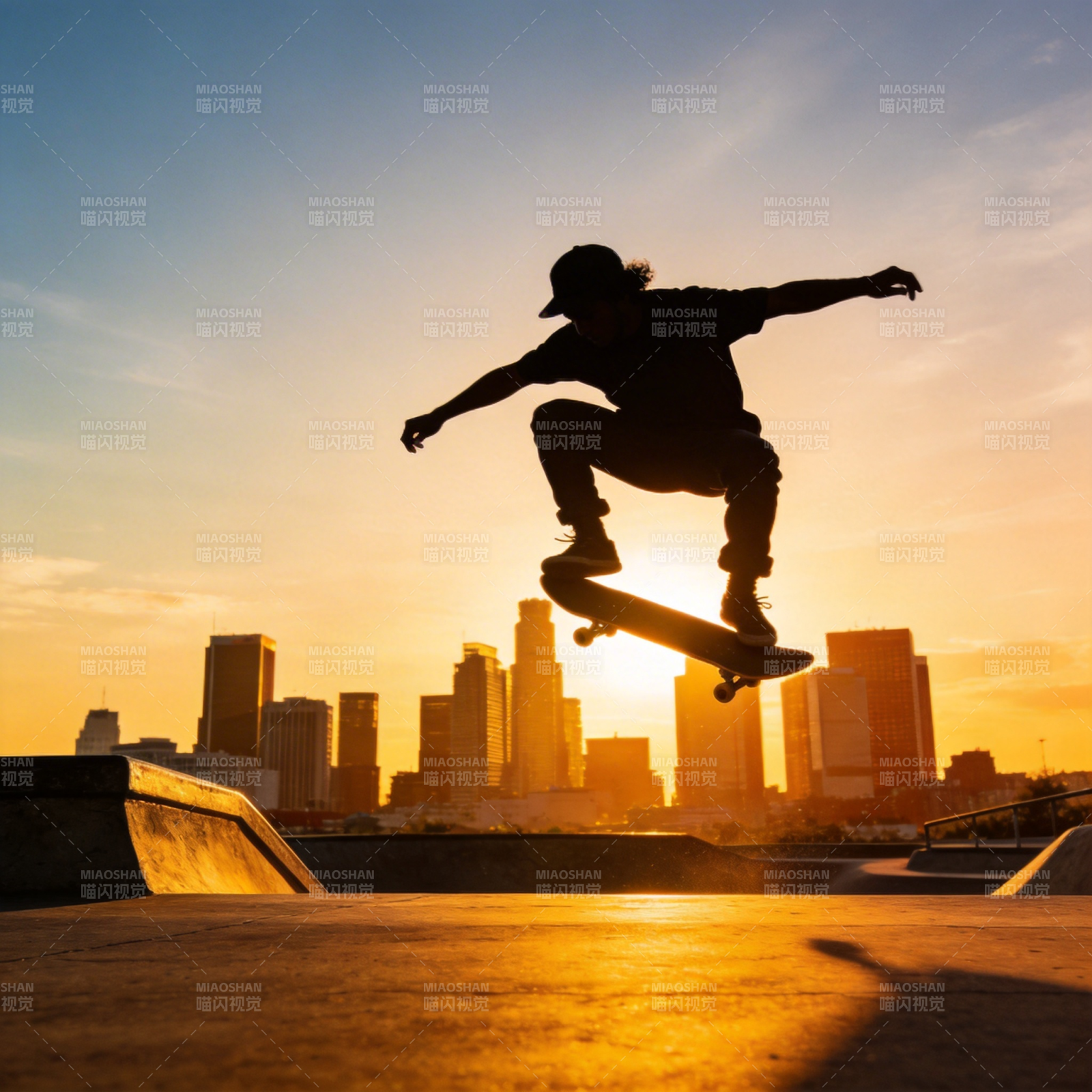 夕阳下滑板少年飞跃城市图片