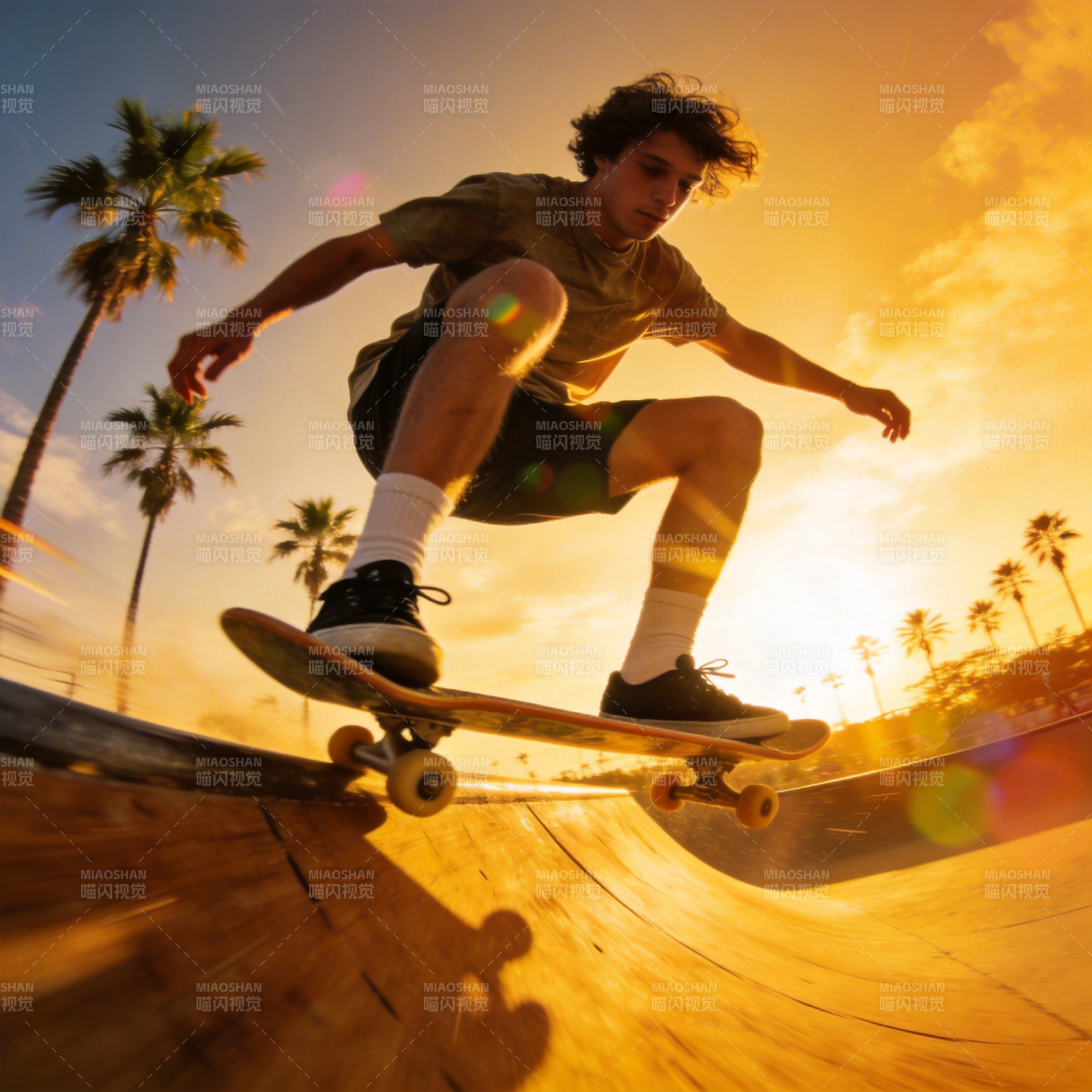 夕阳滑板少年图片