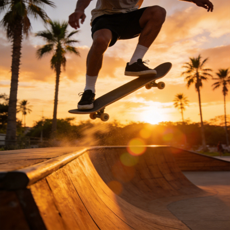 夕阳滑板跃 棕榈影中飞图片
