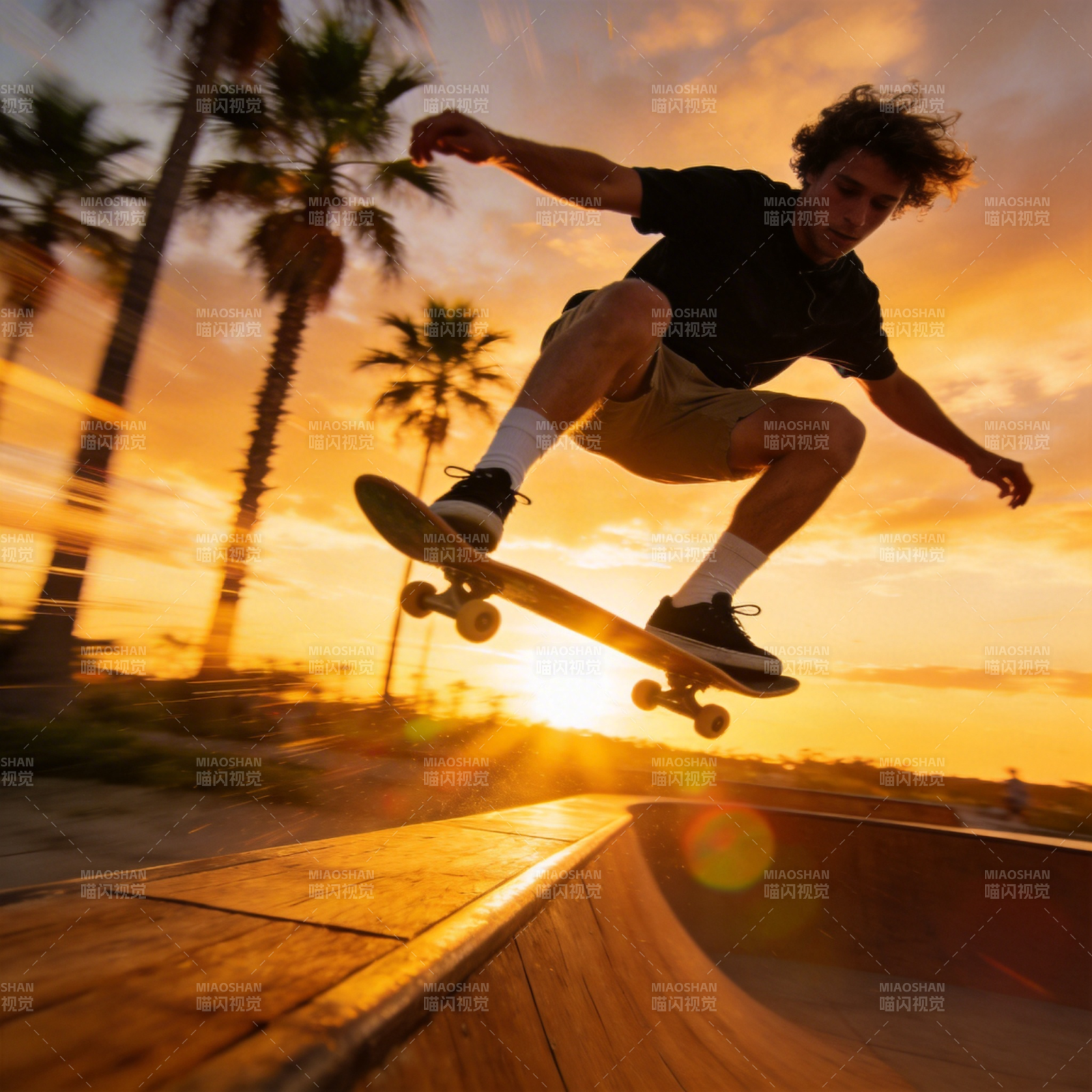 夕阳滑板少年飞跃瞬间图片