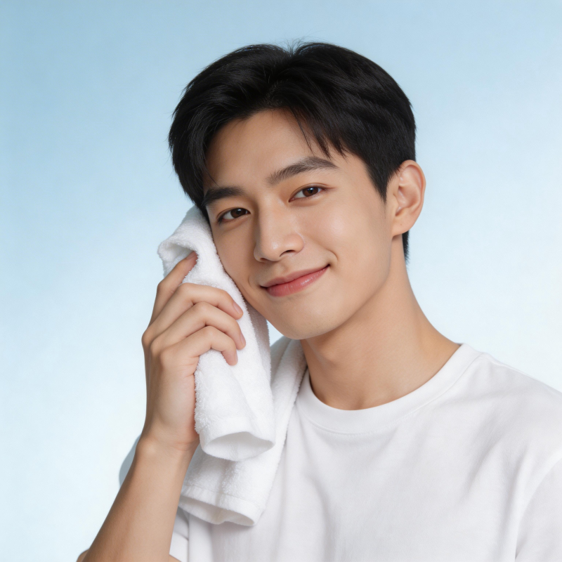 清爽少年 毛巾轻拭笑颜图片