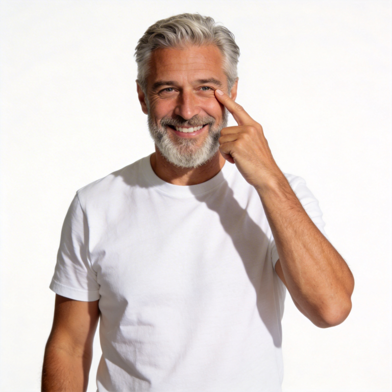 银发微笑男指眼 白T恤显年轻态图片