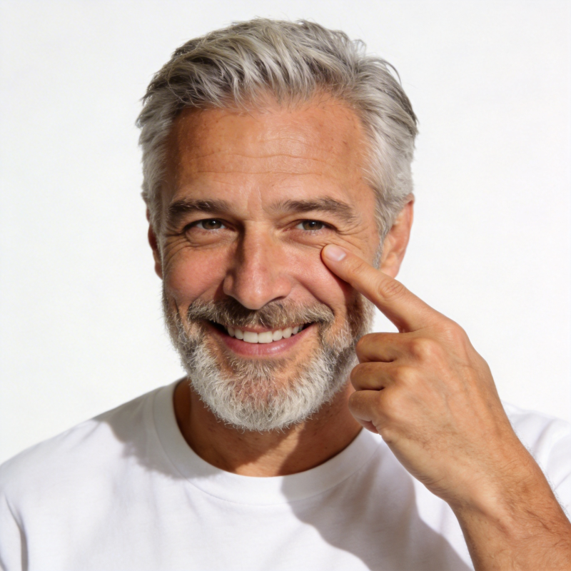 银发微笑男指眼显自信图片