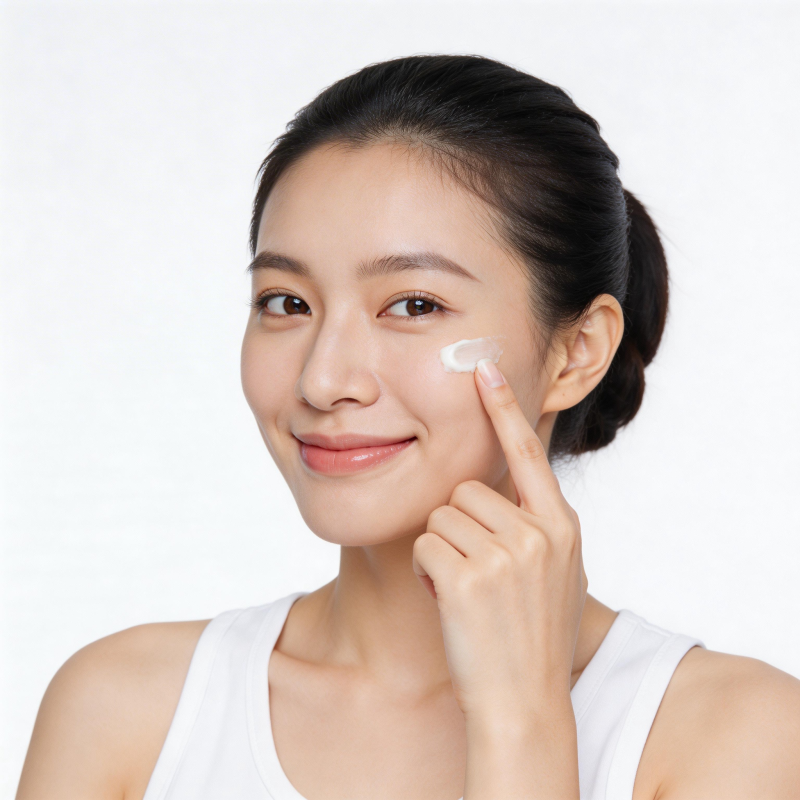 女子轻点面霜 笑容温柔自然图片