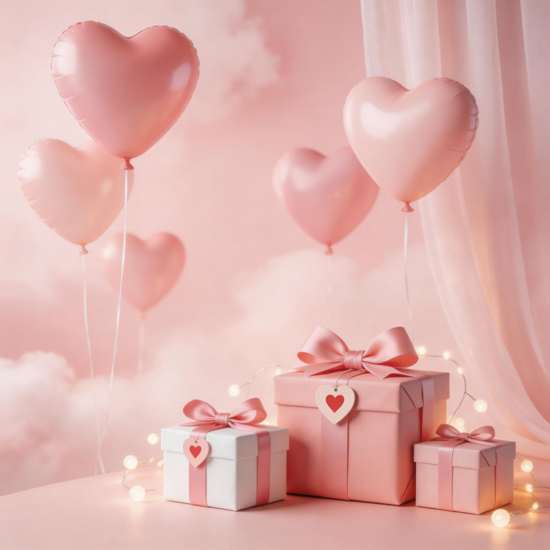 粉色心气球与礼盒浪漫场景图片